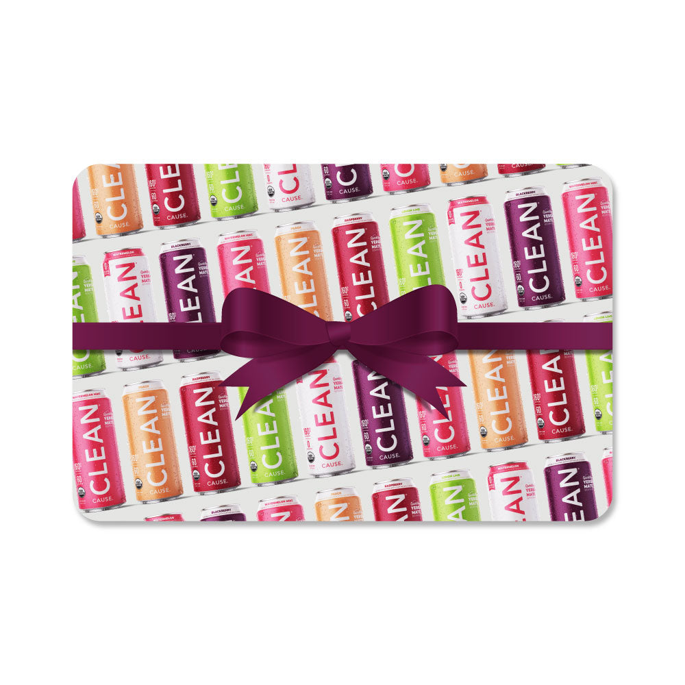 Gift card with a variety of CLEAN cans, including lemon lime, peach, raspberry, blackberry, and zero sugar watermelon, lined up and a purple bow through the middle. 