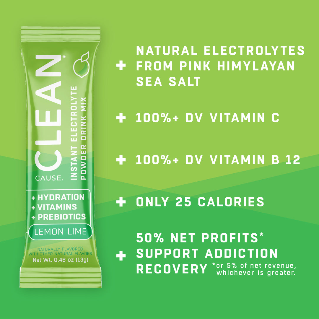 A lemon lime CLEAN electrolyte drink mix packet on the left. (On the right) Natural electrolytes from pink Himalayan sea salt, 100%+ DV vitamin C, 100%+ DV vitamin B 12, Only 25 calories, 50% Net Profits* support addiction recovery *or 5% of net revenue, whichever is greater.