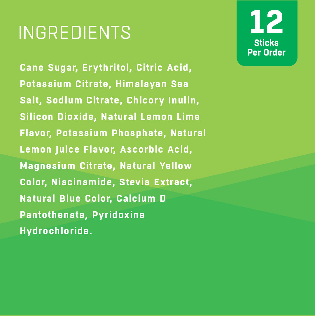 Ingredients: Cane Sugar, Erythriol, Citric Acid, Potassium Citrate, Himalayan Sea Salt, Sodium Citrate, Chicory Inulin, Silicon Dioxide, Natural Lemon Lime Flavor, Potassium Phosphate, Natural Lemon Juice Flavor, Ascorbic Acid, Magnesium Citrate, Natural Yellow Color, Niacinamide, Stevia Extract, Natural Blue Color, Calcium D Pantothenate, Pyridoxine Hydrochloride.