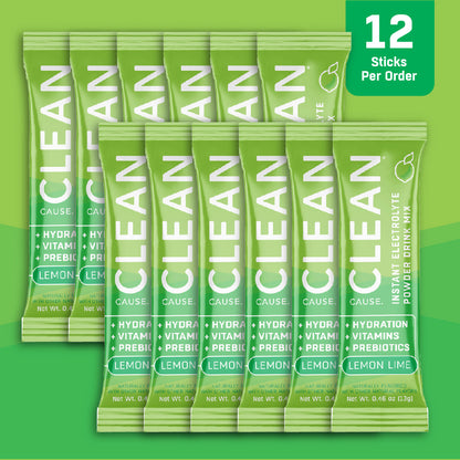 Two lines of six CLEAN lemon lime electrolyte drink mix packets on a green background.