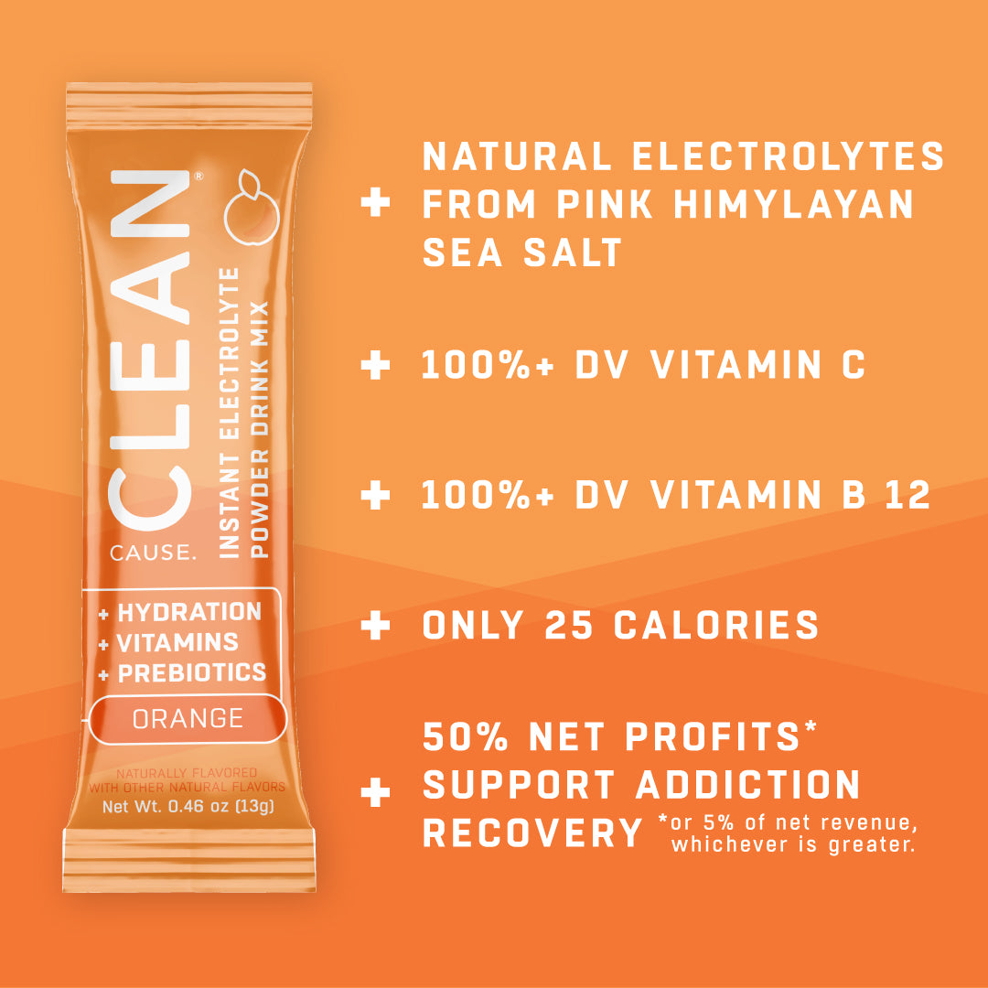 An orange CLEAN electrolyte drink mix packet on the left. (On the right) Natural electrolytes from pink Himalayan sea salt, 100%+ DV vitamin C, 100%+ DV vitamin B 12, Only 25 calories, 50% Net Profits* support addiction recovery *or 5% of net revenue, whichever is greater.