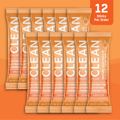 Two lines of six CLEAN orange electrolyte drink mix packets on an orange background.