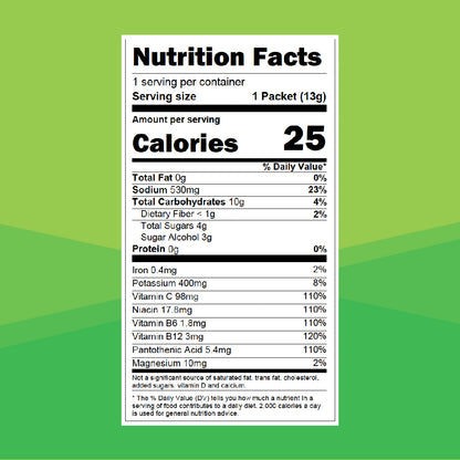 Nutrition label on a green background. Serving size 1 packet (13g), 25 calories, 0g Total Fat 0% daily value, 530mg sodium 23% daily value, 10g total carbohydrates 4% daily value, <1g dietary fiber 2% daily value, 4g total sugars, 3g sugar alcohol, 0g protein 0% daily value.