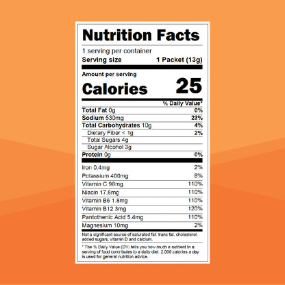 Nutrition label on an orange background. Serving size 1 packet (13g), 25 calories, 0g Total Fat 0% daily value, 530mg sodium 23% daily value, 10g total carbohydrates 4% daily value, <1g dietary fiber 2% daily value, 4g total sugars, 3g sugar alcohol, 0g protein 0% daily value.
