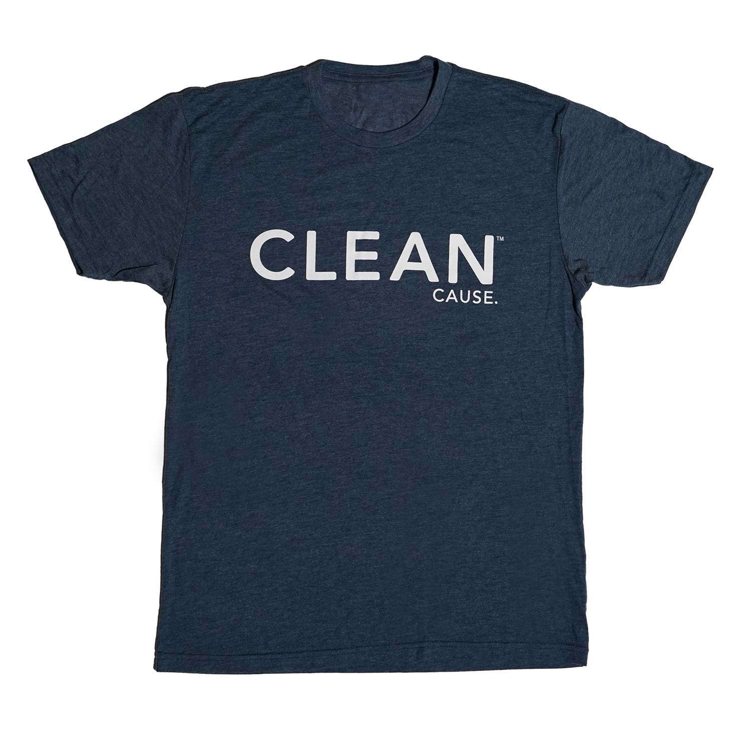 Front of dark grey t-shirt with "CLEAN Cause." in white across the chest
