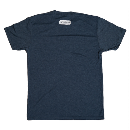 Back of dark grey t-shirt with a CLEAN can on it's side on the upper middle.