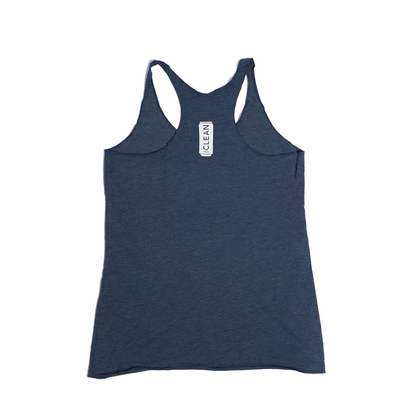 Back of blue tank top with a white CLEAN can icon on the upper middle back.