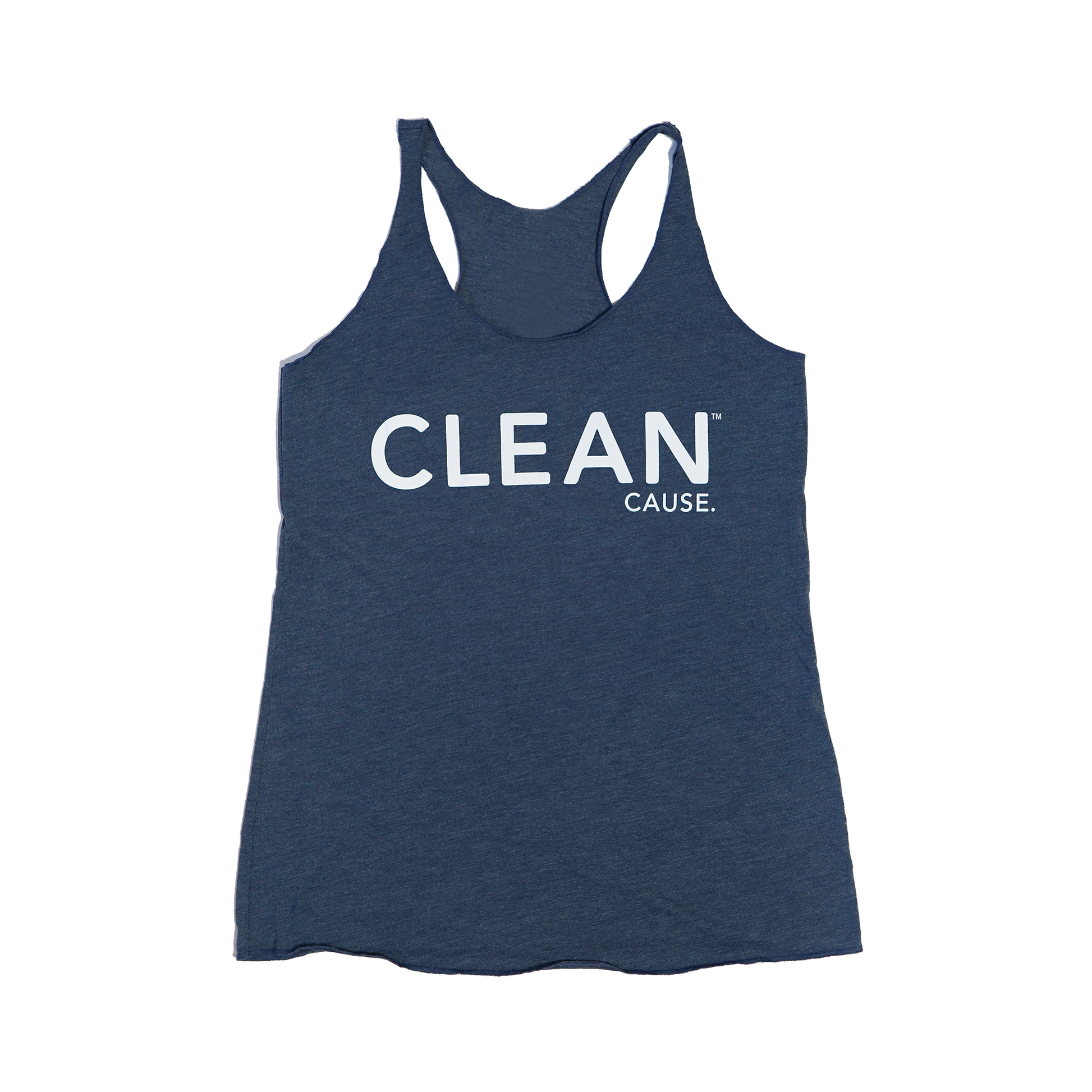 Front of blue tank top with "CLEAN Cause." in white across the chest.